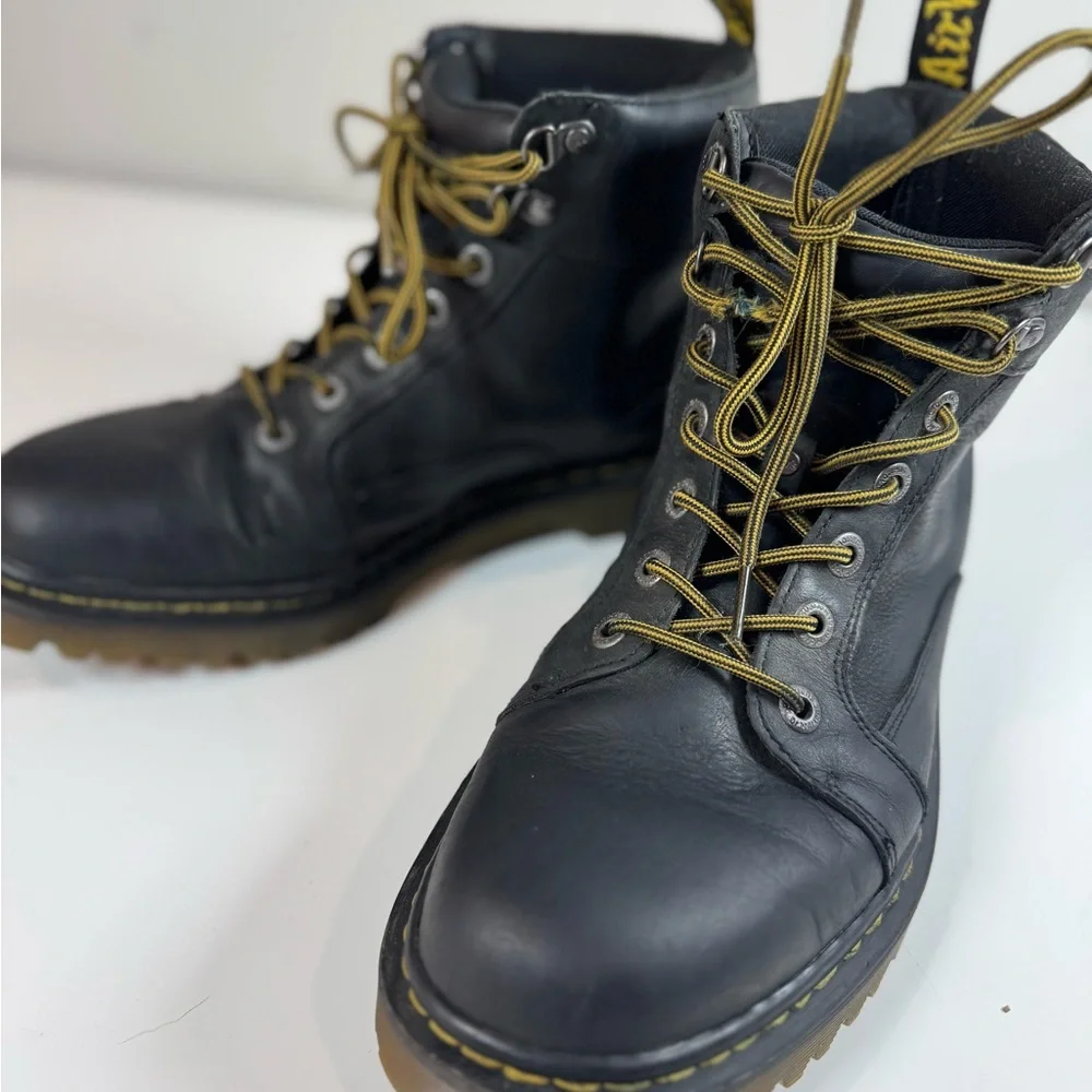 Dr. Martens Black Leather Lace-Up Combat Boots with Yellow Accents
